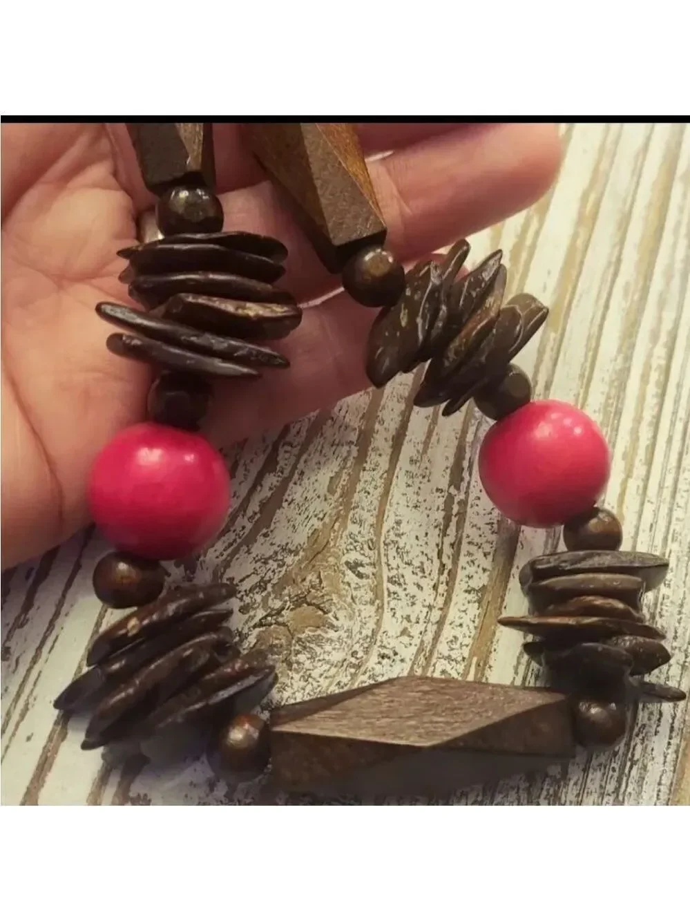 Wooden Elegant Brown and Red Beaded Geometric Necklace 36
